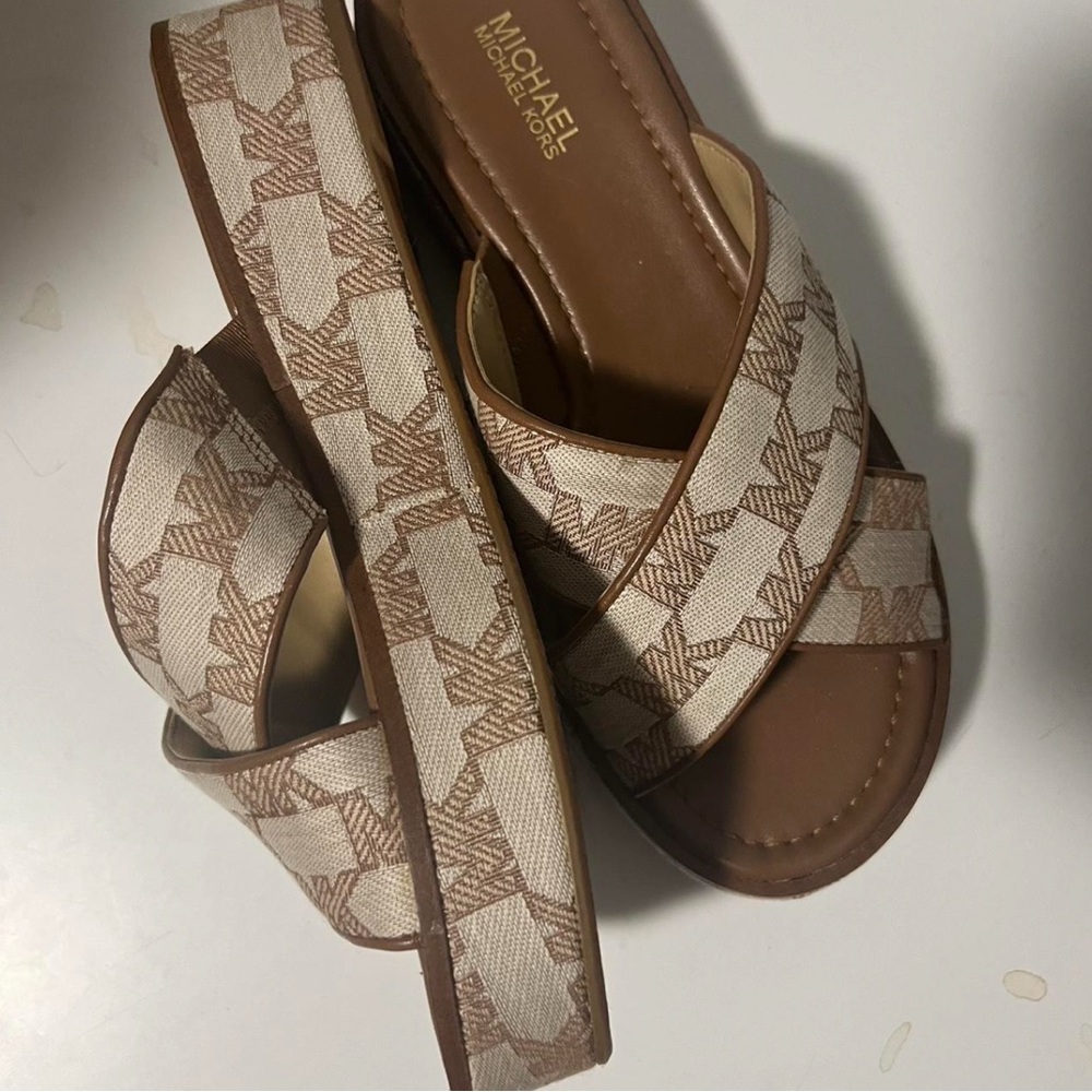Michael Kors Beige and Brown Logo Platform Sandals - Picture 3 of 4